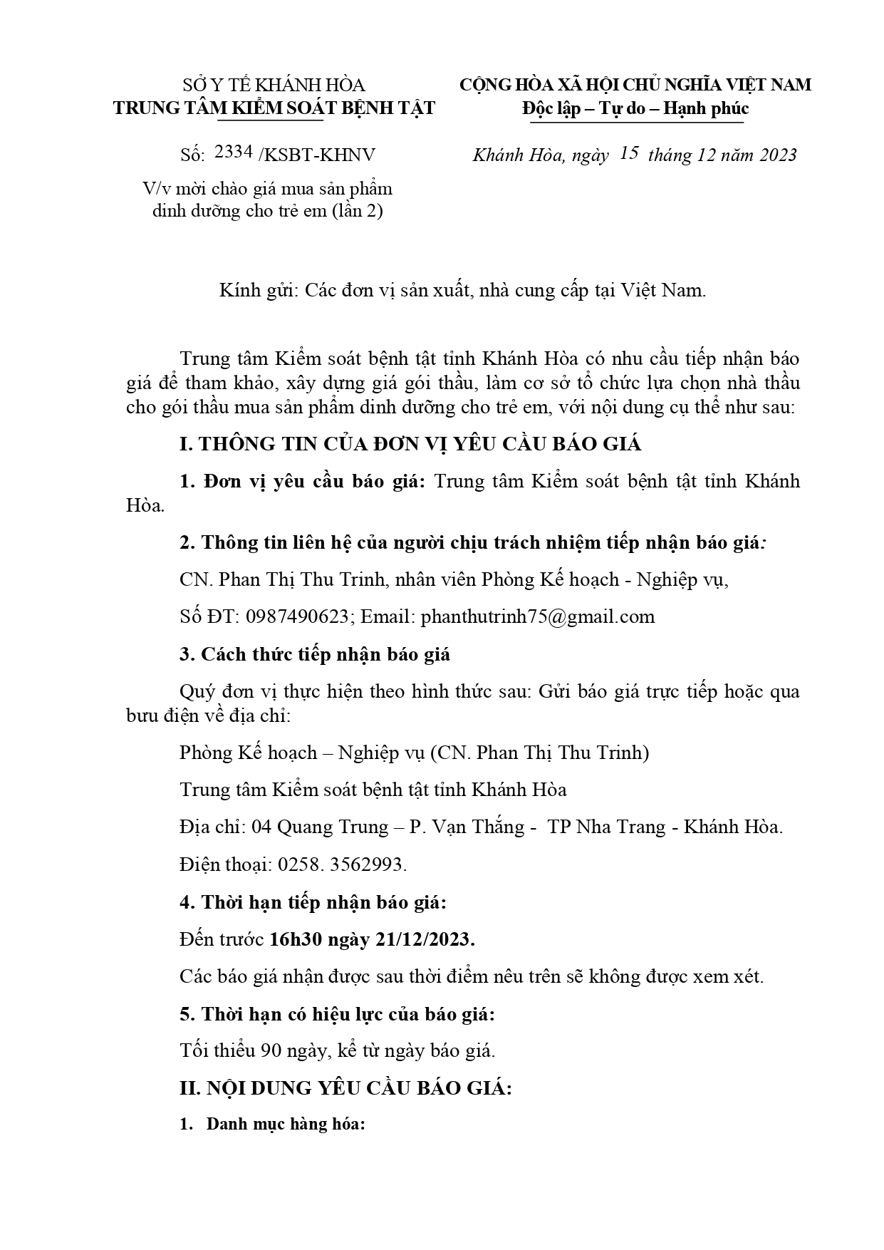 V/v mời chào giá mua sản phẩm dinh dưỡng cho trẻ em (lần 2)